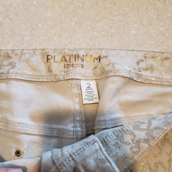 Chico's Platinum Jeggings Size 2 Gold Metallic Slim Fit Stretch Pants - Picture 5 of 9